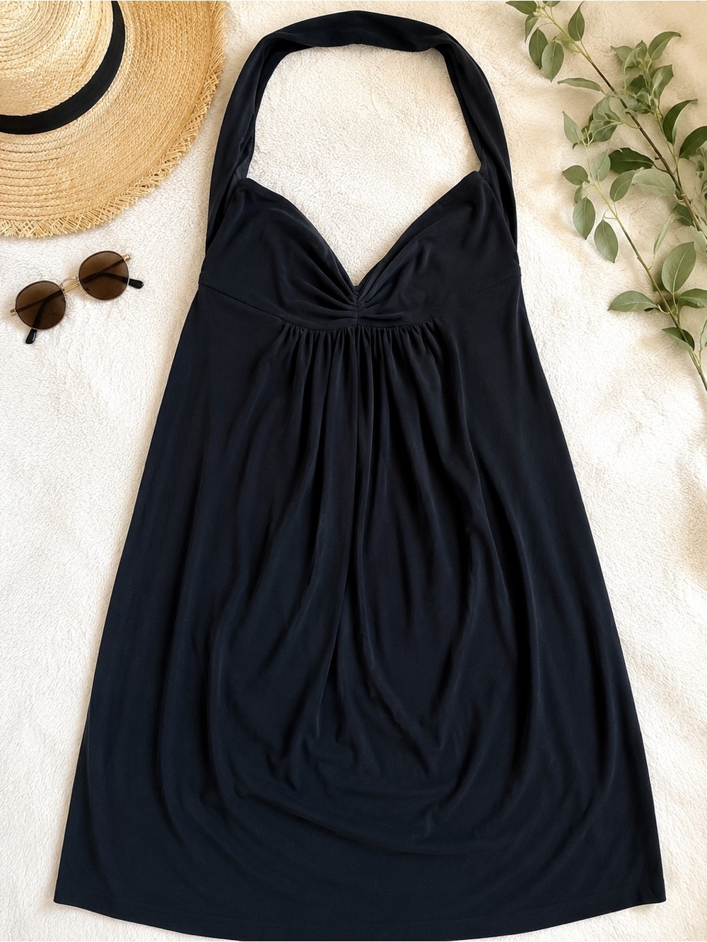 Norma Kamali Black Halter Dress Swim Cover Up Ruched‎ Empire Waist Size M